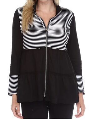 Neon Buddha black white stripes front row tiered ruffle zip up jacket pockets XS
